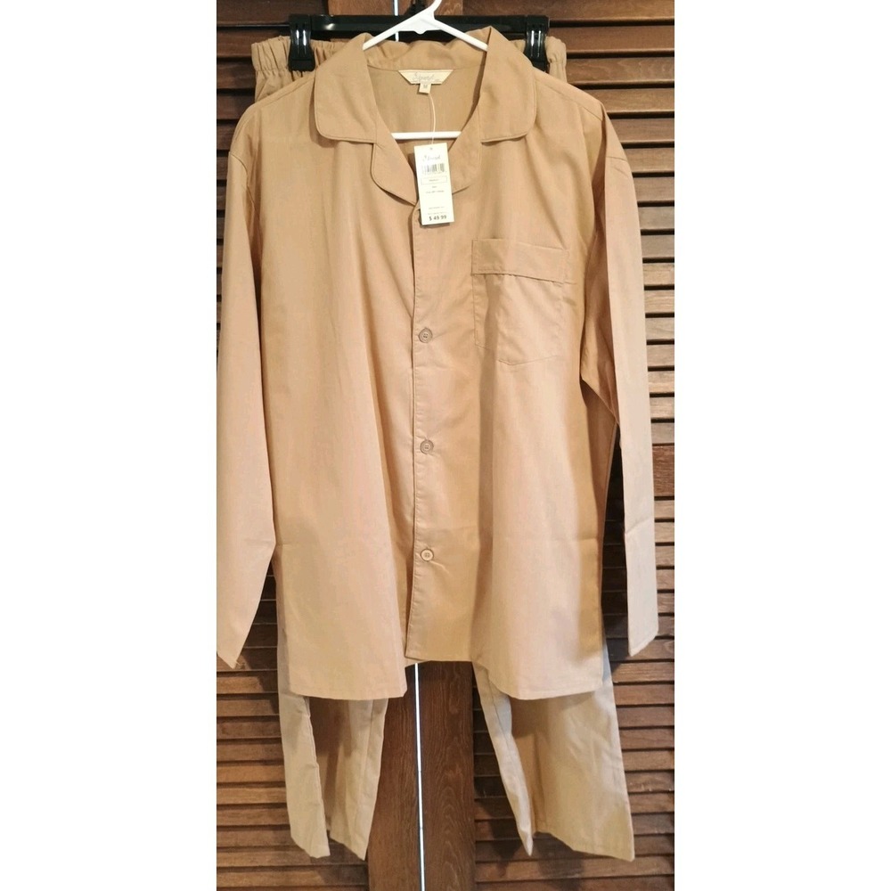NWT Leveret Mens Two Piece Cotton Pajamas Poly MPJ Beige‎ Tan Size Medium